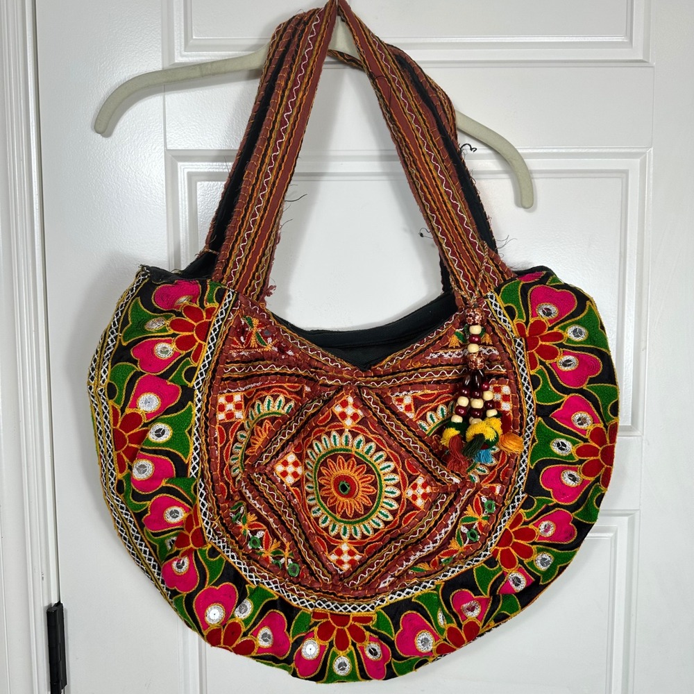 Bohemian Embroidered Mirror Work Tote Bag Colorful Tribal Mirror Work Boho Bag